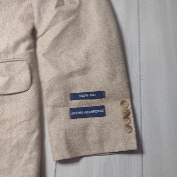 JOHN ASHFORD 3 Button Herringbone Blazer/Sport Coat-Beige-Silk-SZ 40L-NWT - Picture 8 of 15